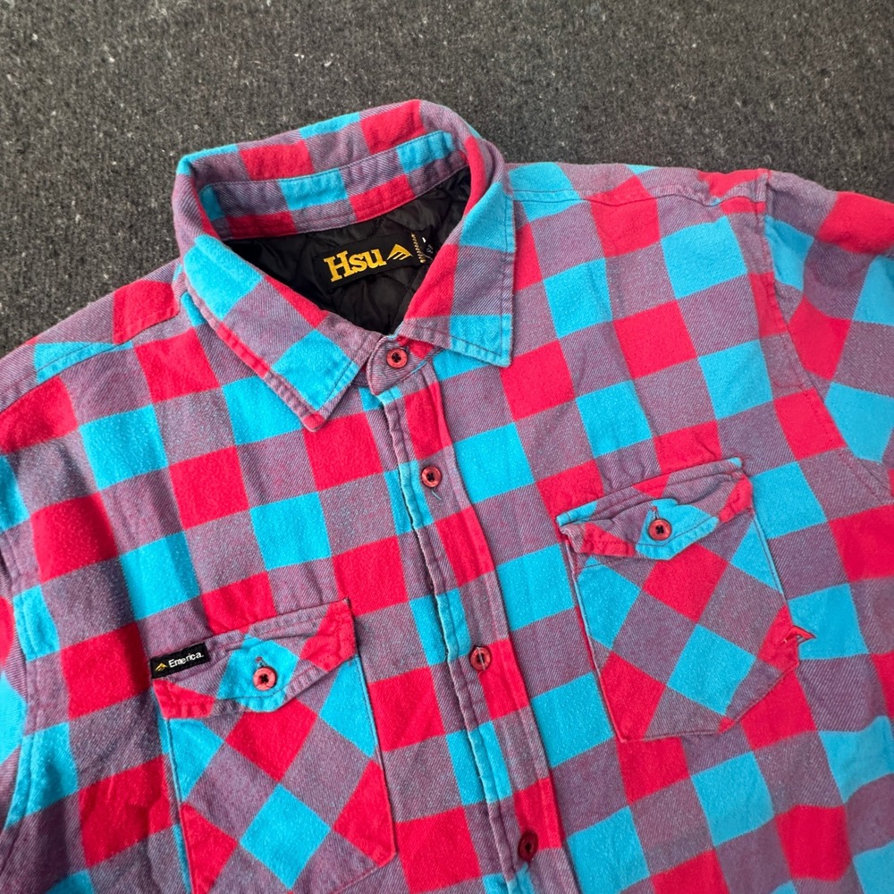 Vtg Emerica Jerry Hsu Quilted Flannel Shirt Jacket Mens L Blue Red Plaid Skate